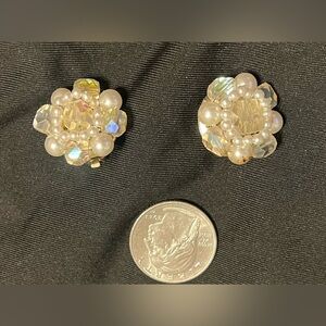 Vintage Faux Pearl & Aurora Borealis Rhinestone Cluster Clip-on Earrings